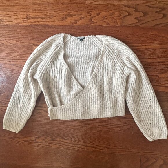 Wild Fable Wrap Sweater Pointelle Sleeves V Neck Ivory Size Small Chunky Knit - Picture 5 of 12